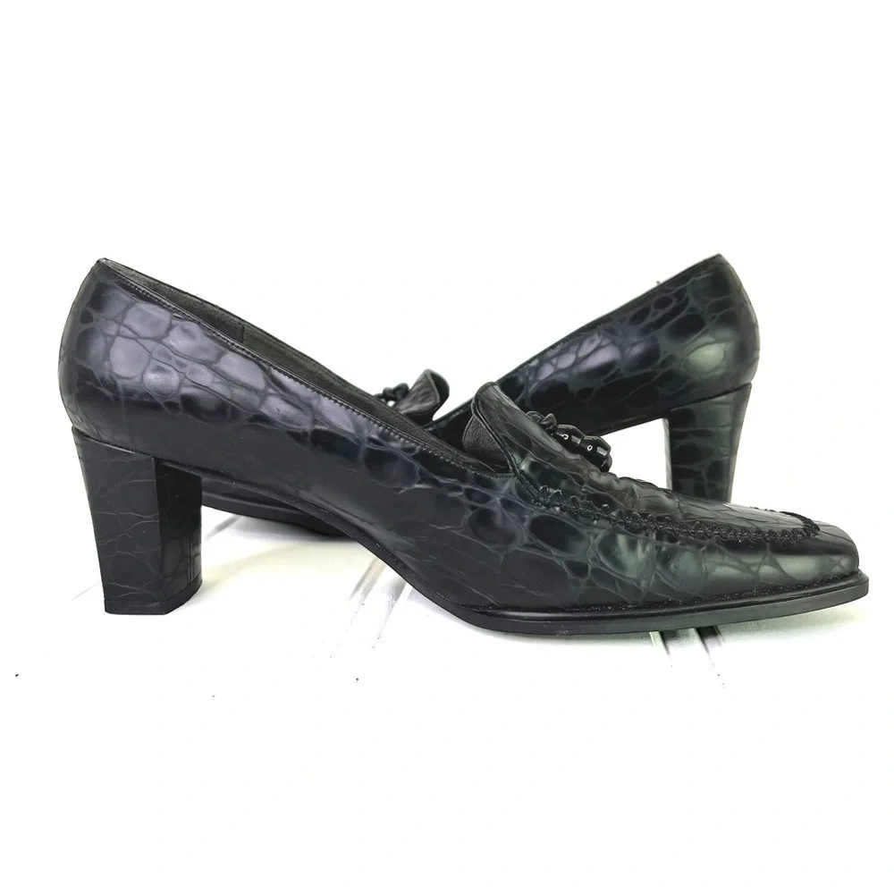 Stuart Weitzman black leather block heels square toe vintage animal prints 8.5 - Picture 10 of 14